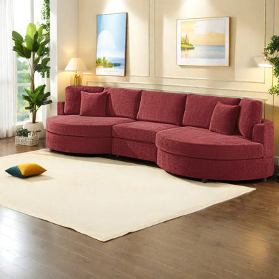 Canapé contemporain en chenille rouge avec design incurvé, canapé 3 places pour les salons modernes