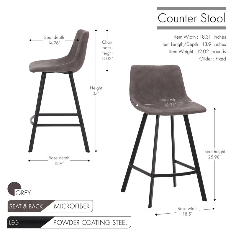 Dasha Microfiber Counter Stool with Metal Legs, Grey