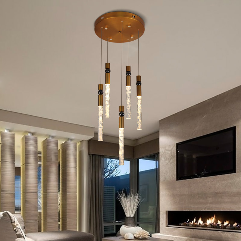 Luminaire suspendu en cristal moderne à 5 lumières à DEL pour îlot de cuisine - doré