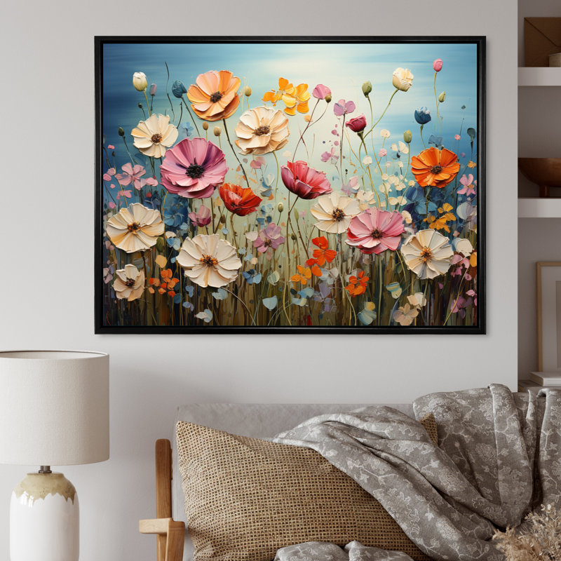 Fleurs abstraites de fleurs sauvages dansantes - art mural de fleurs sauvages pour le salon, Cadre flottant noir
