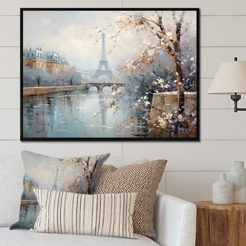 Hiver Paris, Tour Eiffel, charme de ville I - Paris, art mural, Cadre flottant noir, H 30 po x l 40 po x P 1,5 po