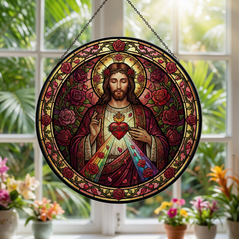 Panneau de vitrail Sacred Heart - 7,8H, H 7,8 po