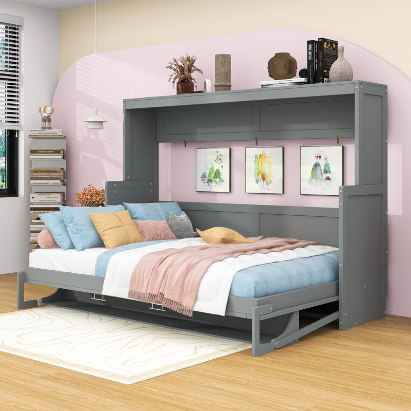 Lit escamotable mural avec bureau intégré Wakefield, Gris, Double
