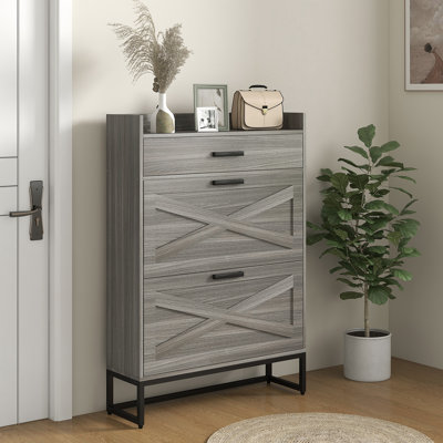 Armoire à chaussures étroite, armoire de rangement pour chaussures industrielle avec 2 tiroirs rabattables, tablettes réglables et tiroir supérieur, rangement pour chaussures caché pour 12 paires de chaussures, gris vieilli, buffet