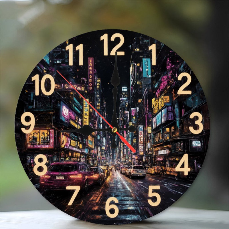 Clock With Neon effect Lit Cityscape