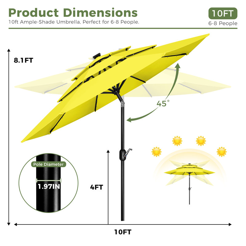 Parasol solaire à 3 niveaux 10pi, 32 lumières DEL de table de patio avec inclinaison et manivelle, 8 nervures robustes pour le marché, la plage, la piscine, le jardin, la terrasse, la cour