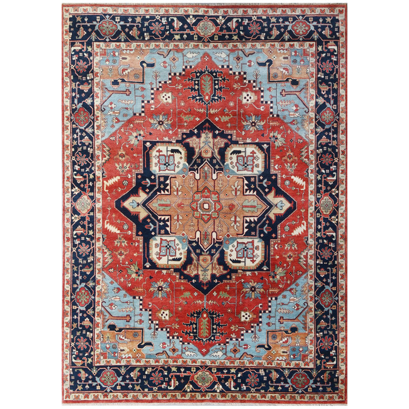 Wool Oriental Area Rug in Rust/Blue/Navy, Rectangle 10' x 14'