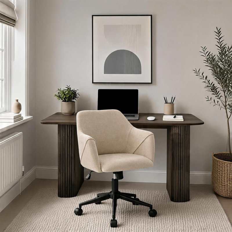 Monroe 2 Piece Computer Desk Office Set with Chair, Walnut with Beige Chair