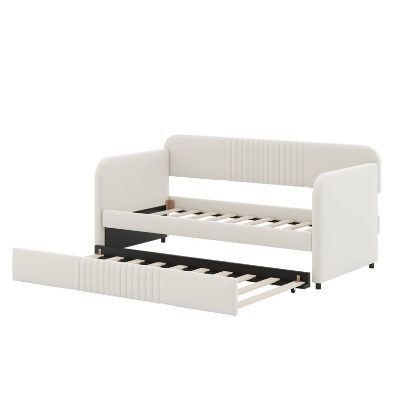 Upholstered Daybed With Trundle Bed And Wood Slat, Beige