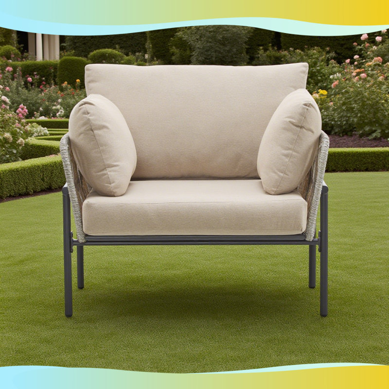 Modern Rope Lounge Chair 36" - Beige Waterproof Cushions + Iron Frame - Indoor/Outdoor Boho Chic Patio Furniture, Gray