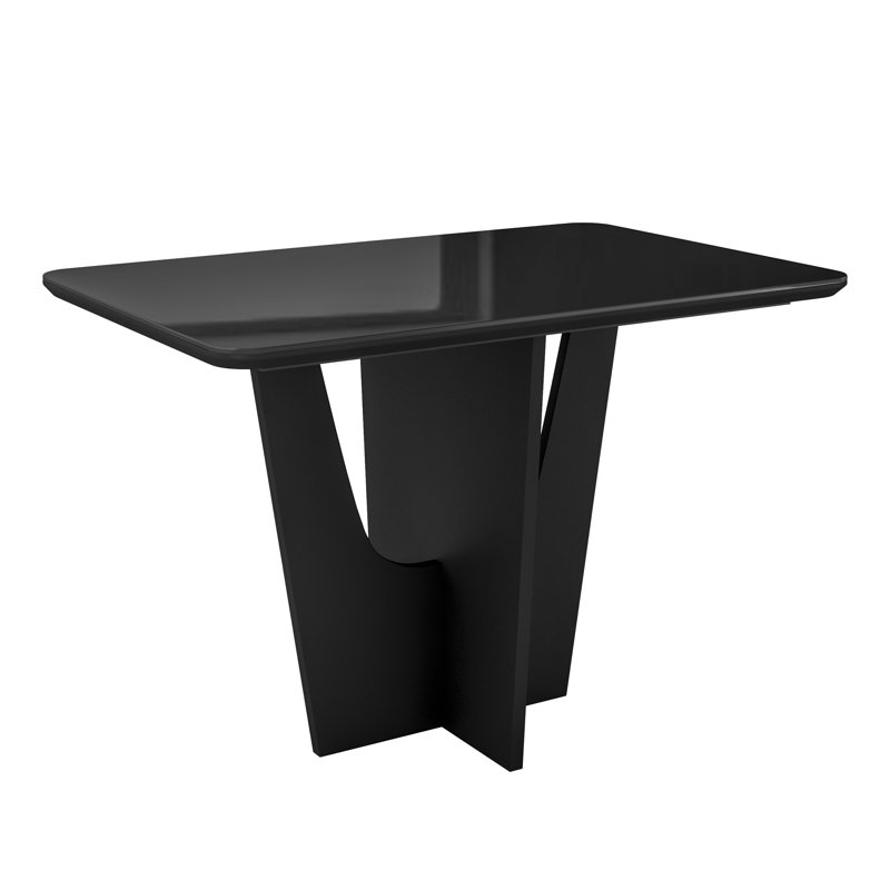 Compact Italian Style Dining Table for 4 with Painted Glass top and Elegant Wood Base, Black, Black