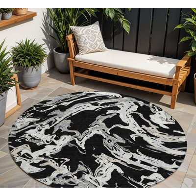 8' Black And Grey Round Abstract Washable Indoor Outdoor Area Rug