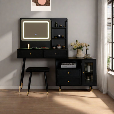Bureau de coiffeuse rétractable avec miroir et lumières, 2 tiroirs, tablettes de rangement, armoire réglable, prise de courant et tabouret