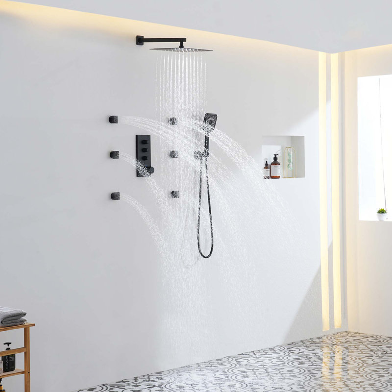 Système de douche thermostatique mural à 3 fonctions 12 po avec pomme de douche carrée, Noir