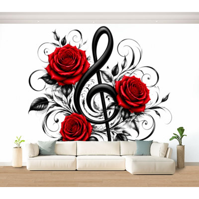 Papier peint adhésif autocollant à contour noir avec touches musicales, roses rouges réalistes, feuilles noires, papier autocollant amovible, décoration murale pour salon, chambre à coucher H 100 po x l 144 po