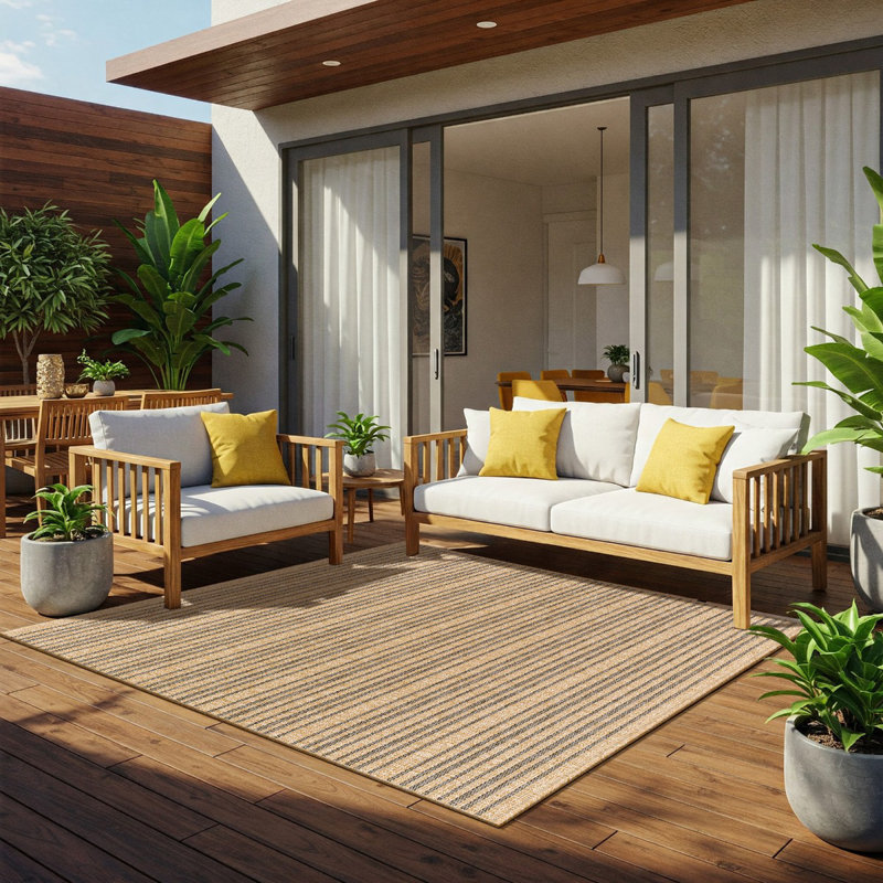 Tan Modern Outdoor Rug, Striped Stain Resistant Easy to Clean Rug For Patio, Balcony, Decks & Garden, Rectangle 160 x 213 cm