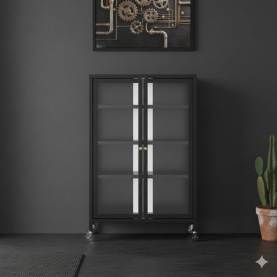 Armoire de rangement sur roulettes de 35,8 pouces de hauteur, un meuble télé AV stéréo avec quatre tablettes réglables en verre et une porte, construite avec un cadre en acier robuste pour le salon, facile à assembler.