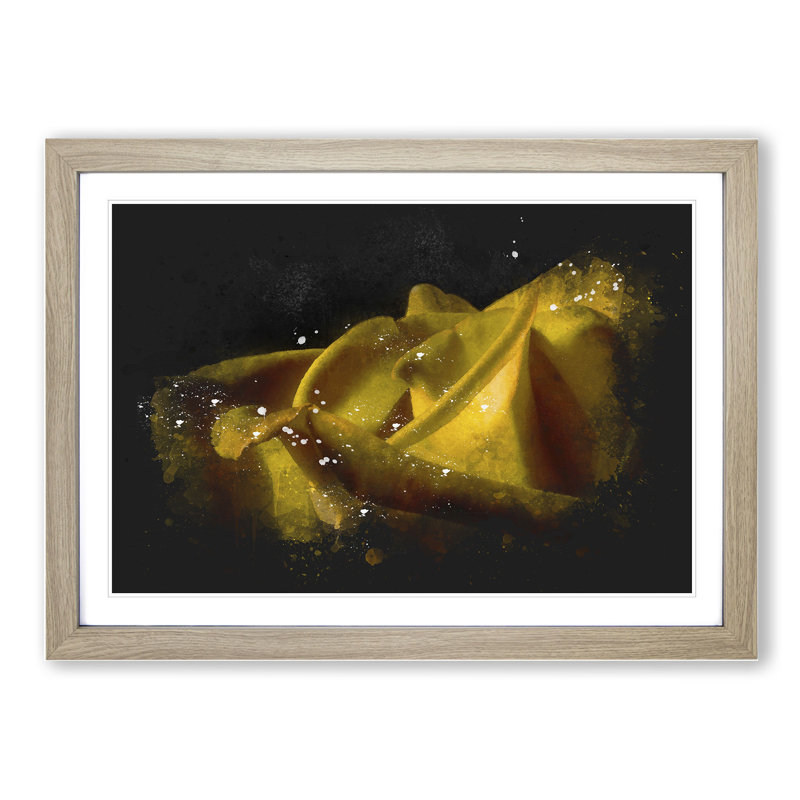 Yellow Rose Flower Vol.2 Paint Splash - Picture Frame Graphic Art, Oak, 48cm H x 65cm W x 2cm D