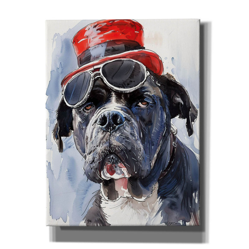 «Chien avec lunettes et chapeau 2» par Momart, art mural sur toile, H 16 po x l 12 po x P 0,75 po