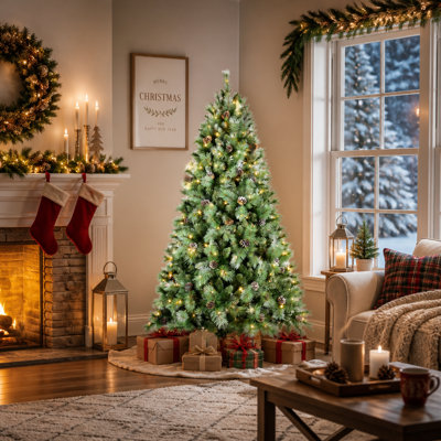 Arbre de Noël 8 pi avec 550 lumières DEL blanc chaud - 1858 pointes en PVC et aiguilles dures, 102 pommes de pin, conception à branches articulées, support en métal robuste - arbre de Noël réaliste