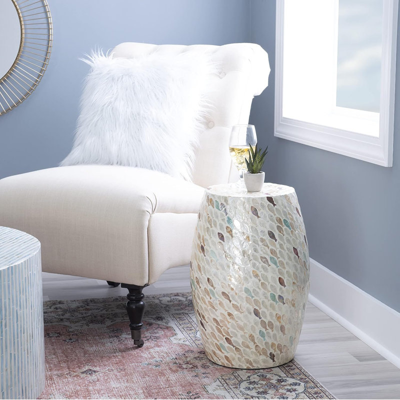 Capiz Shell Inlay Side Table With Versatile Uses - Josie Fish Drum Design