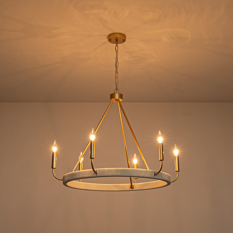 Lustre circulaire en coton 6 lumières Modern Cottage, Laiton / gris