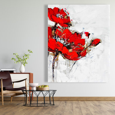 Fleurs abstraites rouges avec texture - décor de toile de salon gris