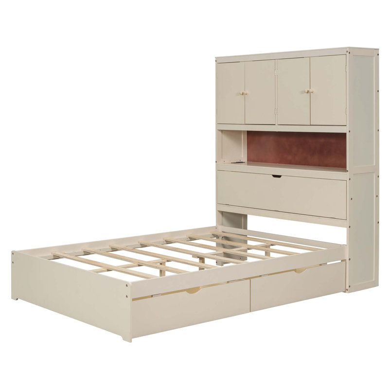 Lit plateforme en bois avec port USB, tête de lit et tiroirs de rangement, Crème, crème