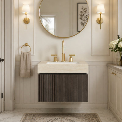 Meuble-lavabo de salle de bain 24 po MURI, armoire de rangement flottante en contreplaqué avec 2 portes, comptoir en pierre frittée en travertin Roma et lavabo en céramique avec 3 trous de robinet pré-percés, pré-assemblé, grain de bois espresso