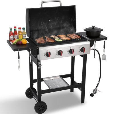 GRILL DEPOTS 4-Burner Propane Gas Grill, 40,000 BTU Outdoor BBQ Grill, Folding Side Tables, Porcelain-Enameled Cast Iron Grates, Stainless Steel Grill Pan