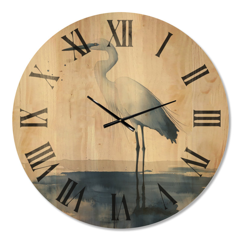 Horloge murale ronde côtière avec aigrette bleue, imprimée sur bois massif, Extra Large