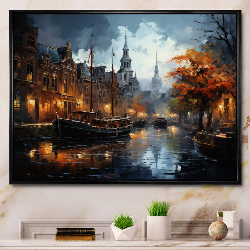 Danemark, Amsterdam, canal, nuit II - Danemark, art mural, Cadre flottant noir, H 24 po x l 32 po x P 1 po