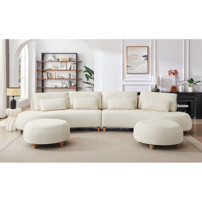 Canapé semi-circulaire surdimensionné en forme de lune avec 2 repose-pieds et 4 coussins, Tissu beige