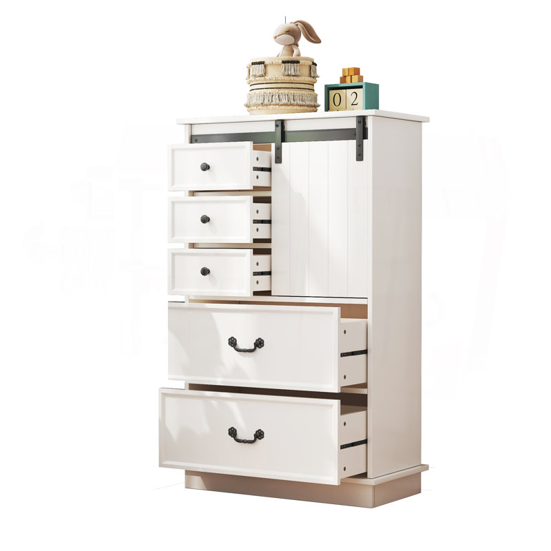 Commode décorative de ferme avec porte coulissante, 5 tiroirs et tablette réglable, blanc