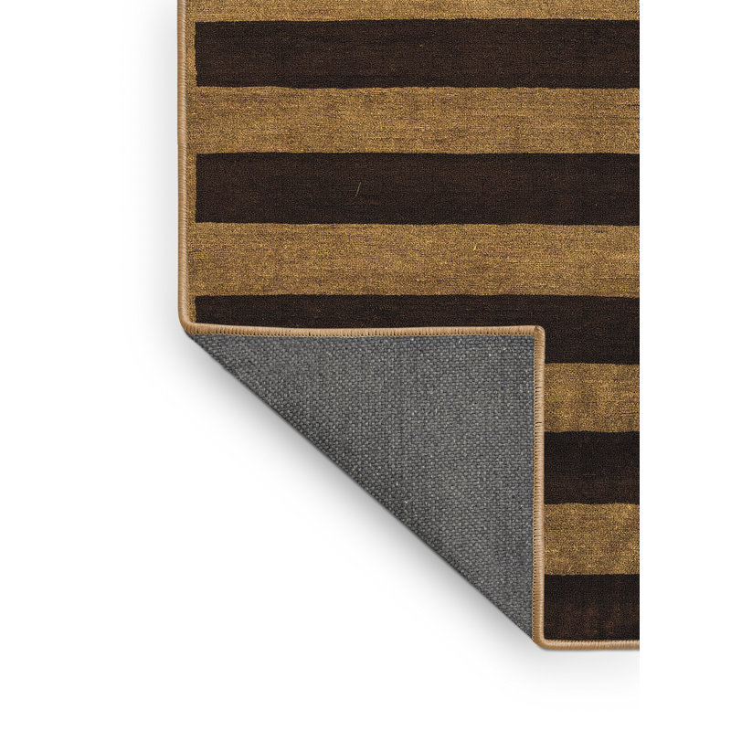 Tapis rayé en laine / polyester tissé à la machine en noir / beige, Rectangle 7 pi x 10 pi