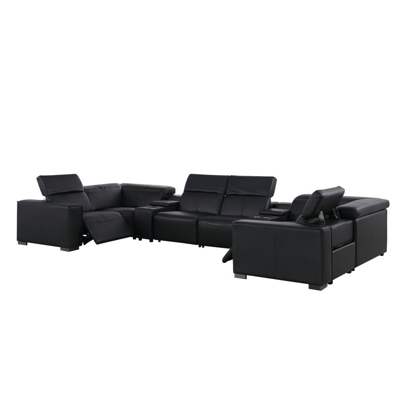 Luxueux modulaire inclinable en cuir véritable 8 pièces avec appuis-tête électriques Redondo, Noir