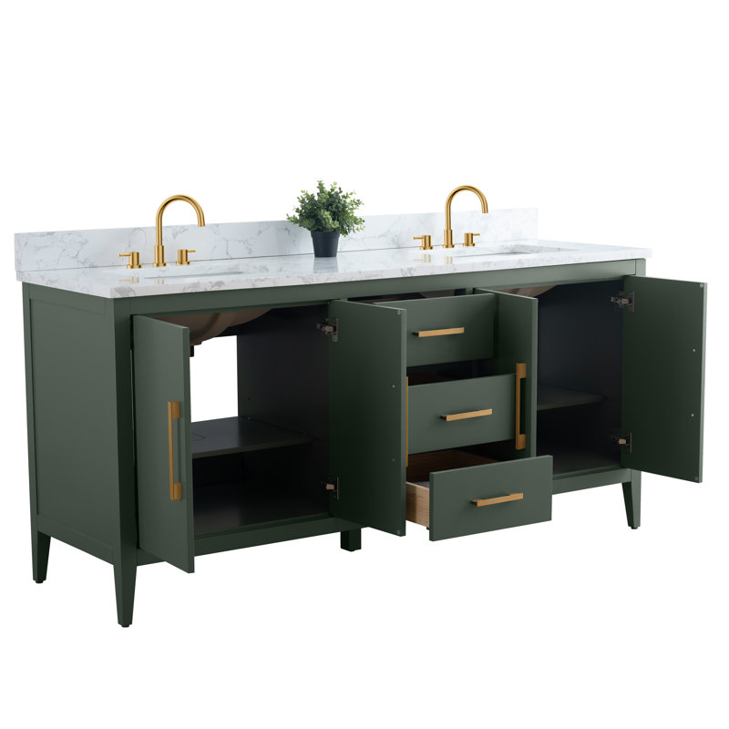 Meuble-lavabo double 72 po avec plateau en marbre, Vert rétro, Or brossé