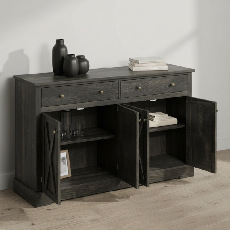 Vintage 55.13" Sideboard with Two Drawers,  Storage Cabinet with Four Doors for Living Room, Bedroom, Black Brown