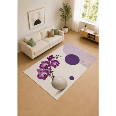 Tapis pour vase d'orchidée mauve et ivoire 5 pi x 7 pi «Ultra Light Poids» pour salon, tapis doux à poils courts avec envers en silicone antidérapant, décoration pour la chambre à coucher et le bureau personnel
