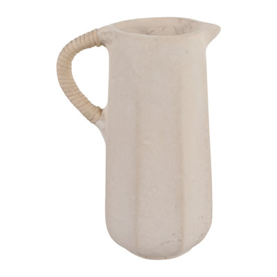 Elegant Pottery Vase With Woven Rattan Handle For Home Decor - Stylish Tall Flower Vase For Table, Kitchen, Or Dining Room - Ivory & White