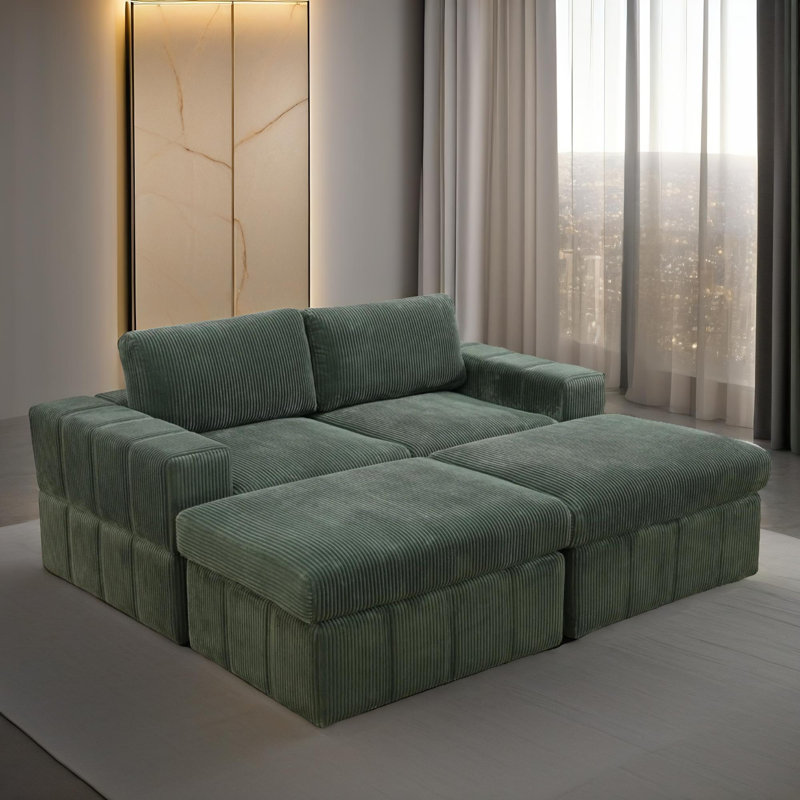 Royale Green Corduroy Sectioanal 4-Piece Living Room Sofa Set With Double Ottomen, Green