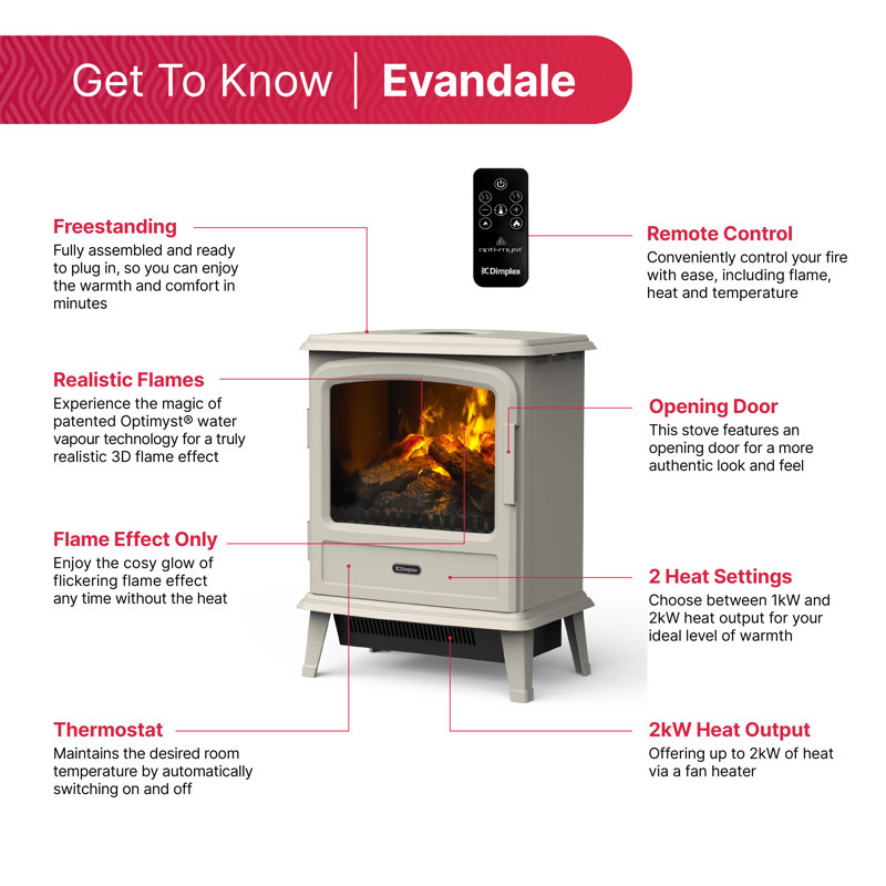 Dimplex Evandale Pebble Optimyst Water Vapour Technology Electric Stove Fire, 44cm W, Pebble Grey