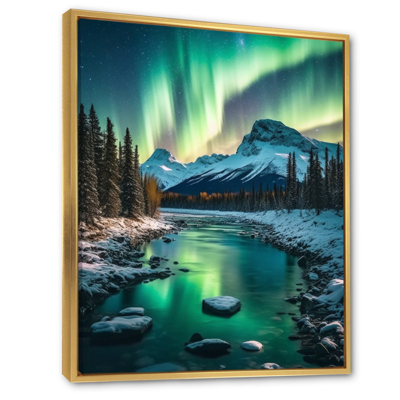 Yukon Northern Lights Beauty V - salon d'art mural canadien, H 32 po x l 16 po x P 1 po, Cadre flottant doré