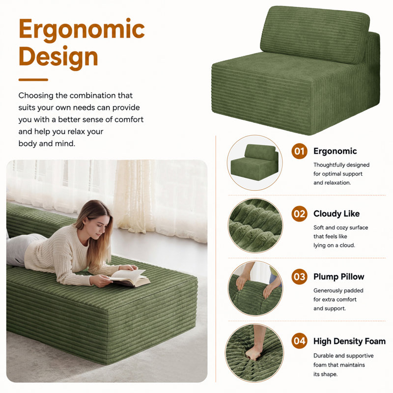 Modular Corduroy 101cm Boneless Armless Accent Chair, Green