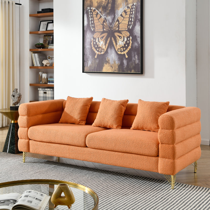 Canapé d'angle orange de 206 cm (81 pouces), 3 places avec coussins, idéal pour un grand salon ou un bureau, style moderne et épuré, pieds en métal.