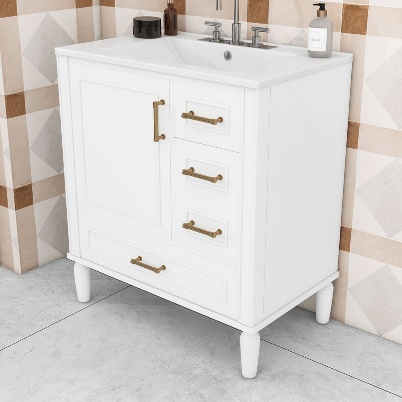 Meuble-lavabo simple autoportant en bois Genett avec grand rangement et lavabo en céramique, Blanc
