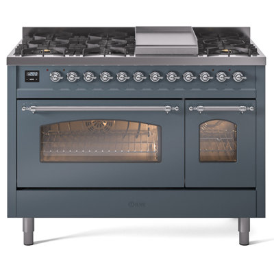 ILVE Nostalgie II Series 48 inch Dual Fuel Range with 8 Sealed Burners, Griddle (Glass Door)