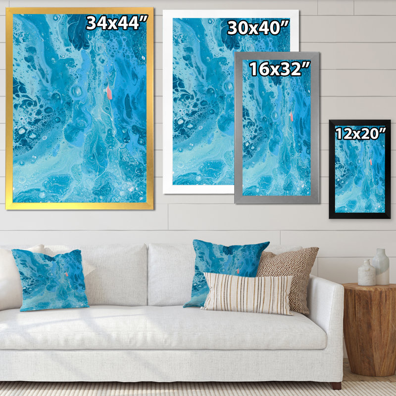 Turquoise, vagues de marbre fluides - peinture sur toile, H 32 po x l 16 po x P 1 po, Cadre photo argenté