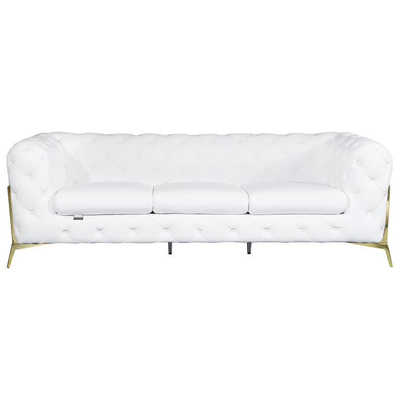 Banc en cuir blanc avec pieds en acier inoxydable et coussin en mousse 3 couches de bois franc séché au four