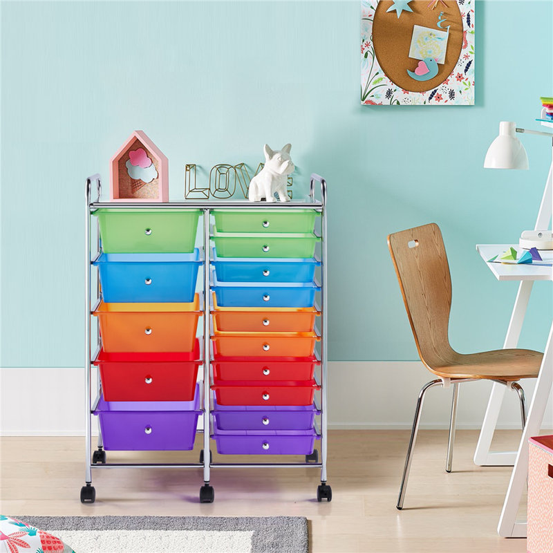 91cm H x 63cm W Utility Storage Cart with Wheels, Blue/Green/Red